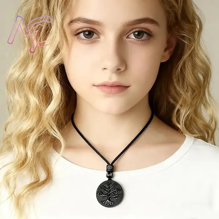 Collier Pendentif Arbre de Vie en Obsidienne Naturelle Vintage pour Femme Occasions Spéciales Bijou de Style Classique