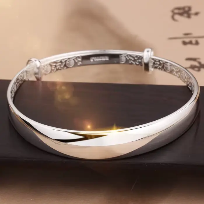 Bracelet jonc rond tendance en argent sterling 925, grand jonc simple pour femme, cadeau bijoux - No
