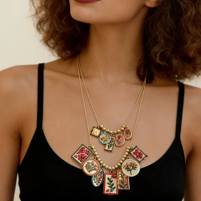 Collier pendentif géométrique en émail coloré avec motif floral pour femmes bijoux de soirée cadeaux occasions spéciales