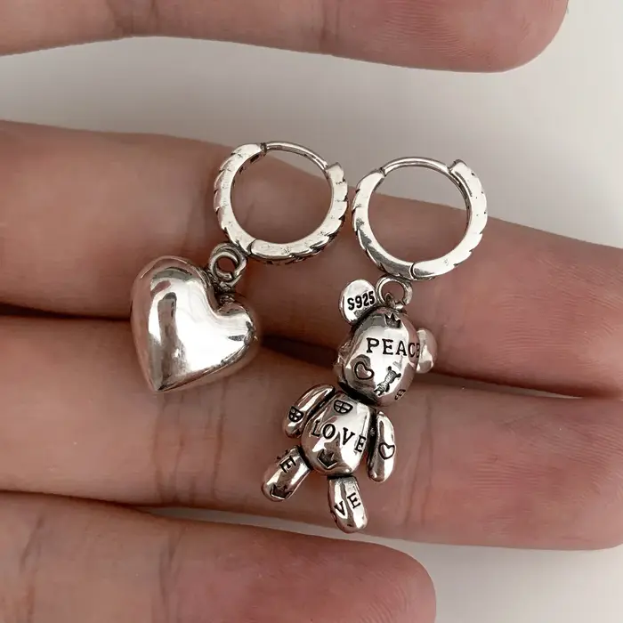 Boucles d'oreilles ours en argent Sterling 925, breloques en forme de cœur pour femmes, bijoux fins 