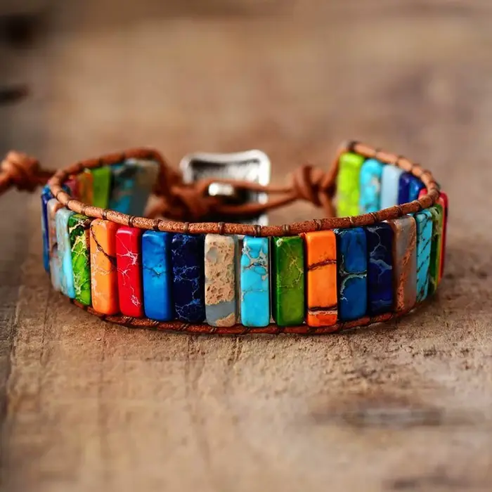 Bracelet bohème multicolore en pierre impériale, 7 chakras, pierres rectangulaires, bracelet en cord