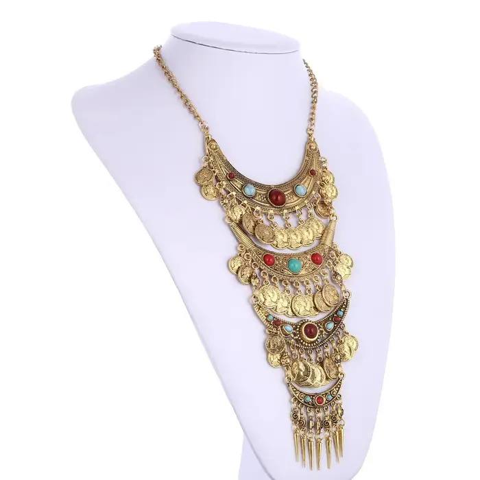 Collier multilaye vintage à la mode pour femmes, long, bohème, géométrique, plaqué argent antique et or antique pour les occasions spéciales