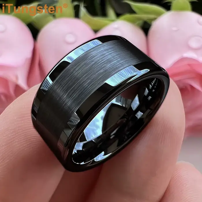 Bague en tungstène ITungsten 10 mm 12 mm pour homme, plate, pour fiançailles et mariage, avec finition polie brossée au centre, ajustement confortable