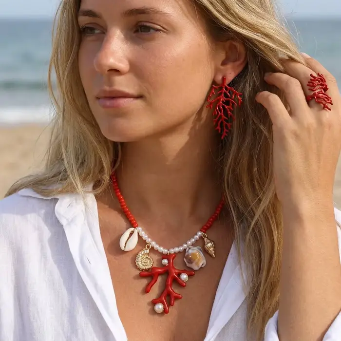 Ensemble de bijoux en corail rouge surdimensionné asymétrique pour femmes occasions estivales et soirées en été