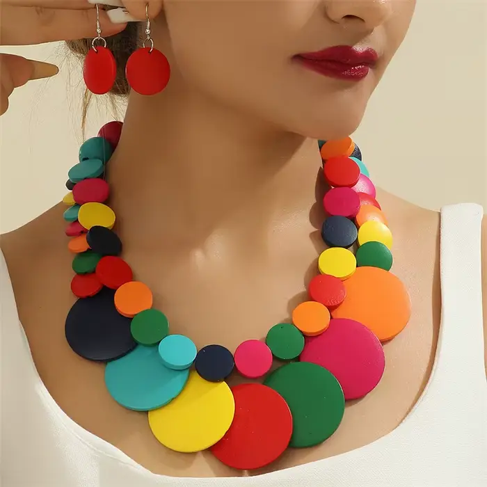 Collier en bois vintage à deux couches pour robe de soirée de mariage africain ensemble de bijoux avec boucles d'oreilles pour femmes pour célébrations importantes