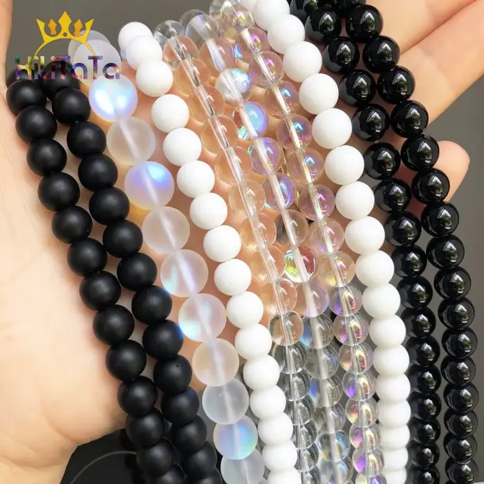 Perles Rondes en Verre de Clip de Tridacna, Agates Blanches et Noires Naturelles de 256mm, 15 en Vrac, 4, 6, 8, 10 et 12mm, pour Fabrication de Bijoux de Direction