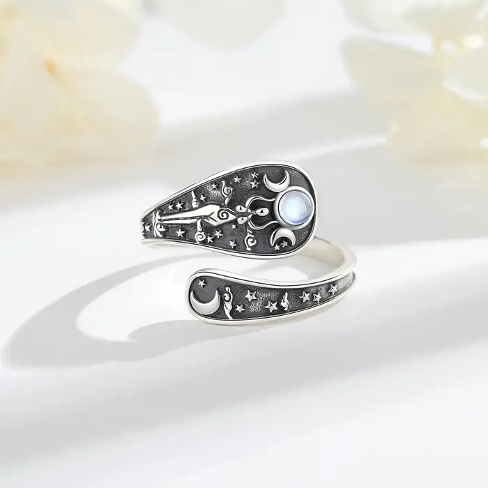 Bague Ajustable en Argent Sterling 925 Triple Lune Goddess Hecate Pierre de Lune Amulette Cuillère Vintage Bijoux Cadeau Femme Occasions Spéciales