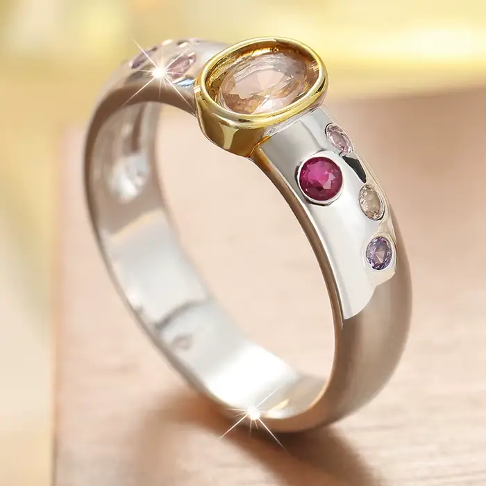 Magnifique bague pour femme incrustée de CZ multicolores, classique, bicolore, géométrique, à porter