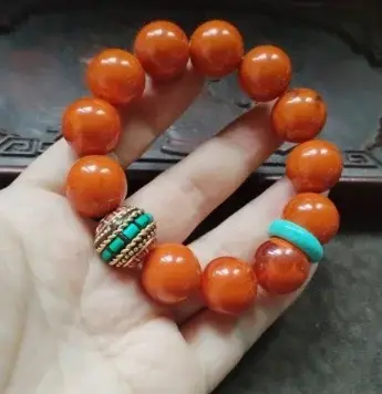 Bracelet de perles rondes orange avec intercalaire turquoise, chaîne de main en métal incrusté de pe
