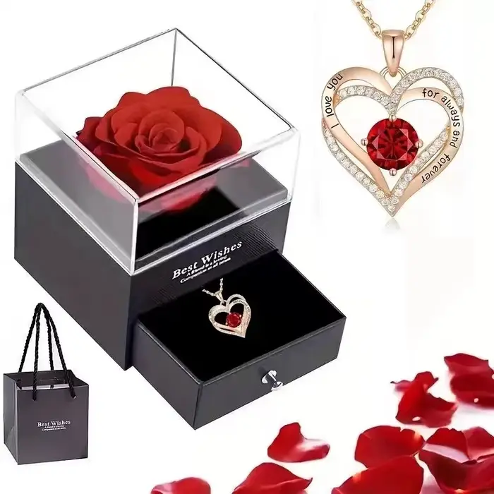 Collier élégant avec pendentif en zircone rouge et bouquet de roses - Boîte cadeau « Meilleurs vœux », parfait pour un anniversaire, un anniversaire de mariage ou un mariage