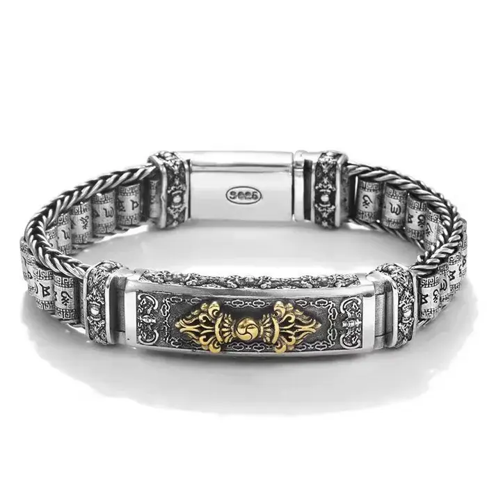 Bracelet mantra tibétain en argent Six-rick pour homme, bouddhisme tournant la roue de prière, brace