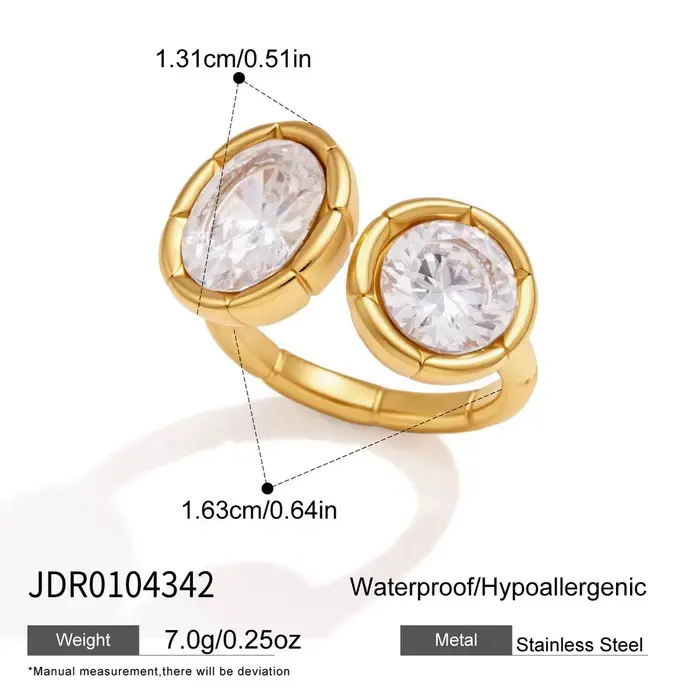 Bague ouverte en acier inoxydable Ars pour femme, plaquée or 18 carats, double zircon, ajustable, bi