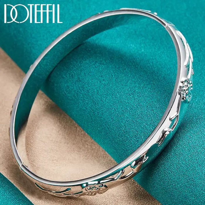 DOTEFFIL 925 en argent Sterling fleur Rose manchette Bracelet pour les femmes de mariage fiançailles