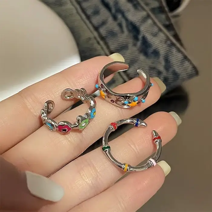 Ensemble de bagues en émail coloré vintage Y2K pour femmes, anneaux ouverts esthétiques à fleurs et 