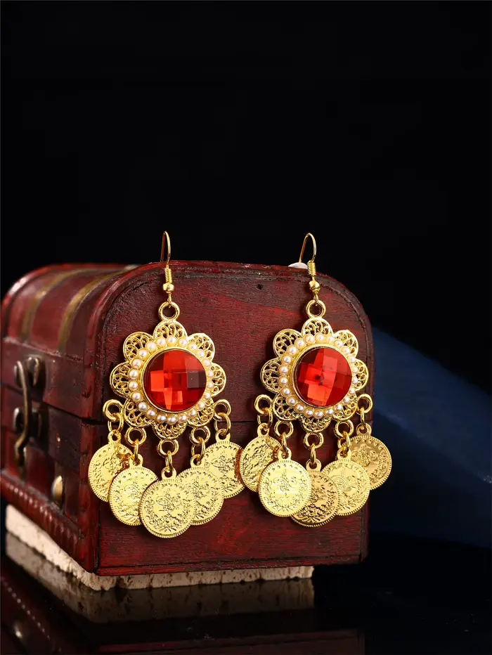 Ensemble de boucles d'oreilles luxueuses pour femme arabe, serties de pierres précieuses artificiell