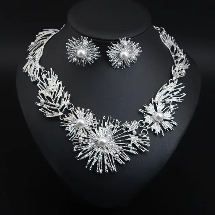 Ensemble collier et boucles d'oreilles en alliage géométrique serti de perles - accessoire féminin, 