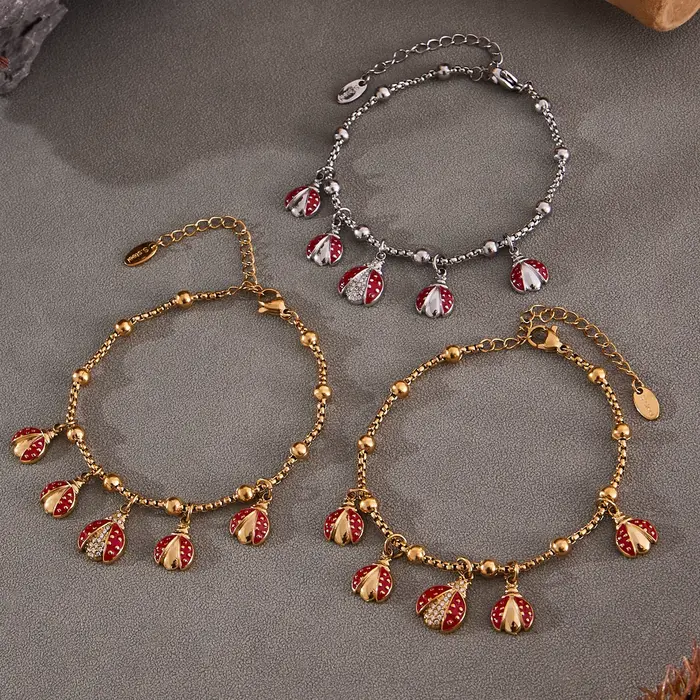 Ensemble de bracelets et collier avec pendentif coccinelle en Zircon rouge pour femmes