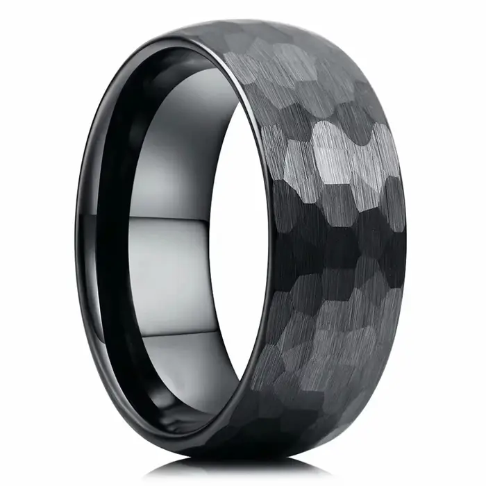 Bague de Couple en acier inoxydable brossé noir, anneaux en titane multi-facettes martelés à la mode