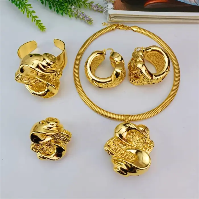 EMMA-Ensemble de bijoux en or de Dubaï pour femmes, grand pendentif, boucles d'oreilles de mariage, 