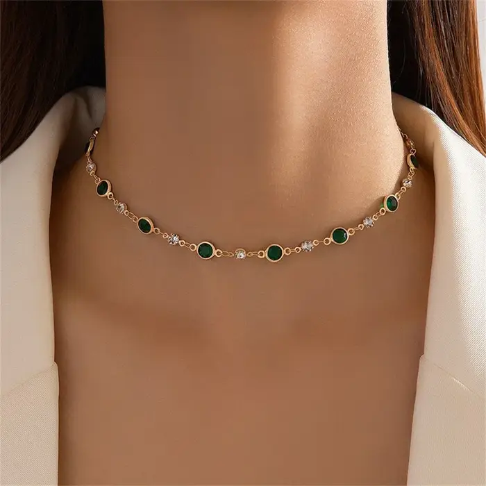 Mode Boho plaque d'or chaîne en cristal vert goutte d'eau pendentif femme collier pour femmes Vintag