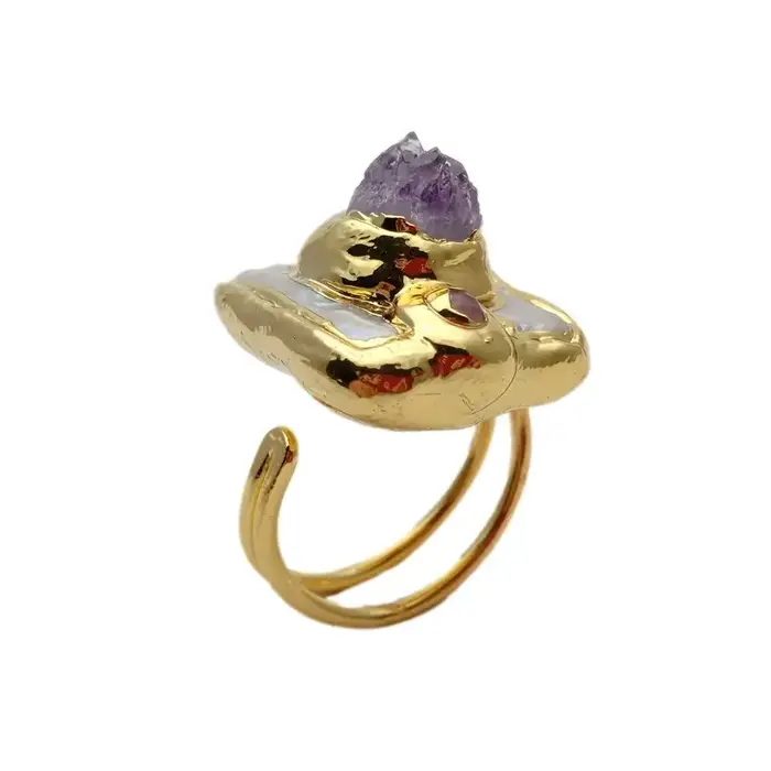 Y.YING – bague brute Druzy avec perles carrées blanches de culture