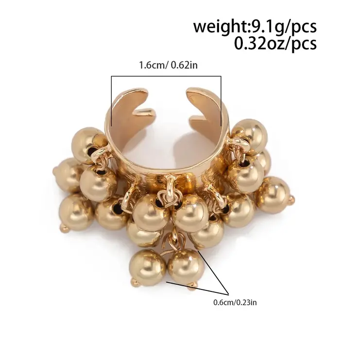 Boho perles colorées boule glands large anneau pour les femmes plaqué or ouverture exagérée bague mo