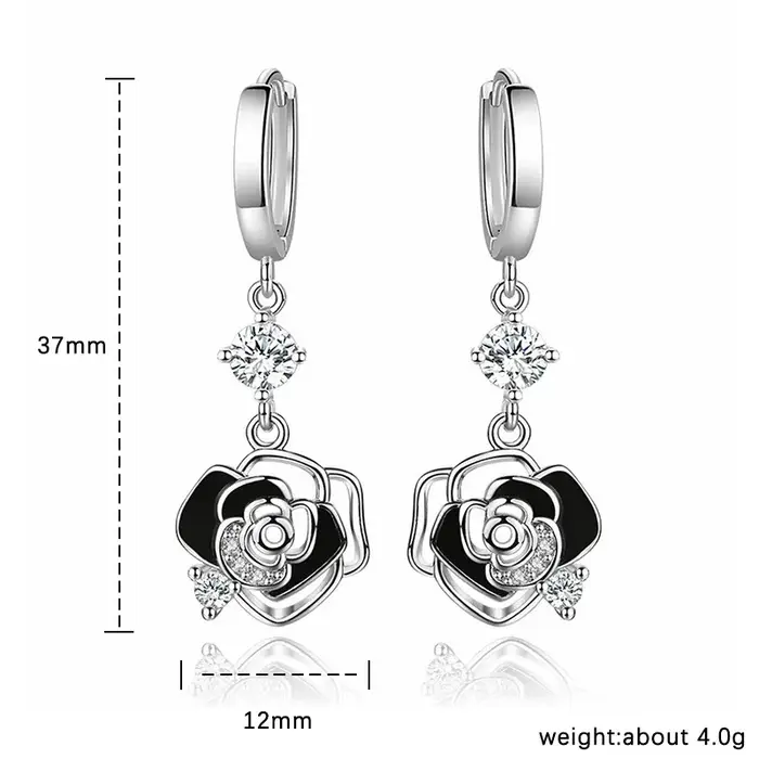 ALIZERO 925 en argent Sterling noir Rose boucles d'oreilles pour les femmes bijoux de mariage fiançailles fête dame Zircon fleur goutte boucle d'oreille