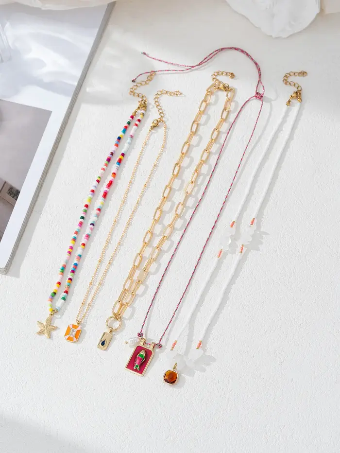 Collier pour femmes-pendentif superposé plaqué or 18 carats, perles colorées et breloque en émail gé