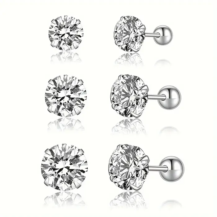 3 paires de boucles d'oreilles à tige en zircone cubique, 3/4/5mm, en acier inoxydable, filetage tra