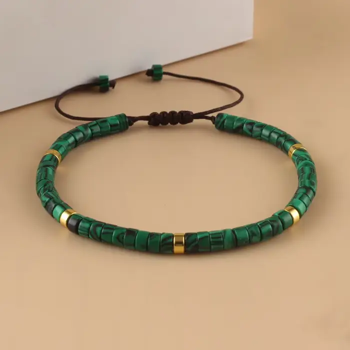 Bracelet bohème en perles de malachite naturelle, réglable à la main, adapté à un usage quotidien et