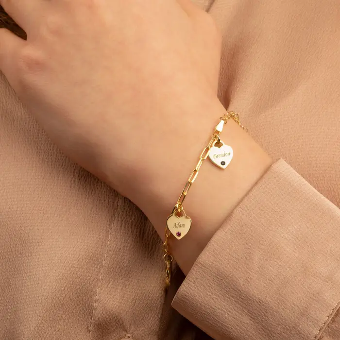 Bracelet personnalisé avec nom, breloque cœur personnalisée, pierre de naissance, acier inoxydable, 