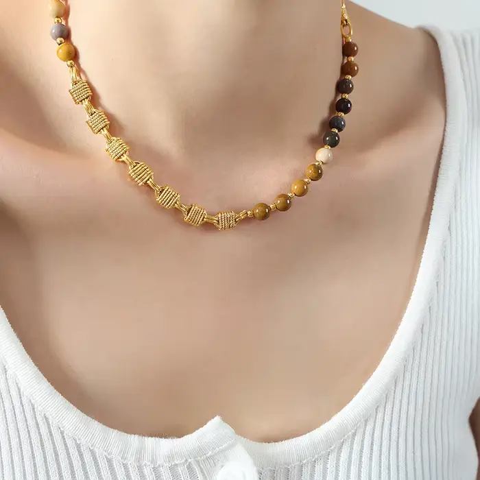 Collier élégant de perles d'agate verte pour femmes, chaîne en acier inoxydable plaqué or, bijoux él