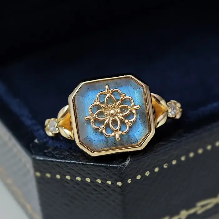 LAMOON Vingtage Bijou bague en Labradorite naturelle pour femmes bagues en pierres précieuses 925 en argent Sterling or Vermeil élégant bijoux fins