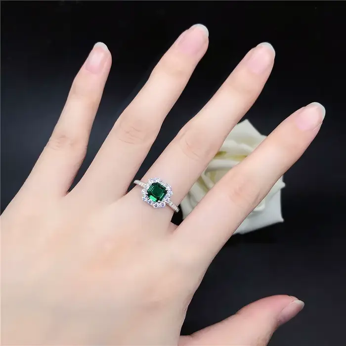 Bague en or blanc pur 18 carats pour femme, émeraude 1ct, fiançailles, or véritable, diamant vert, b