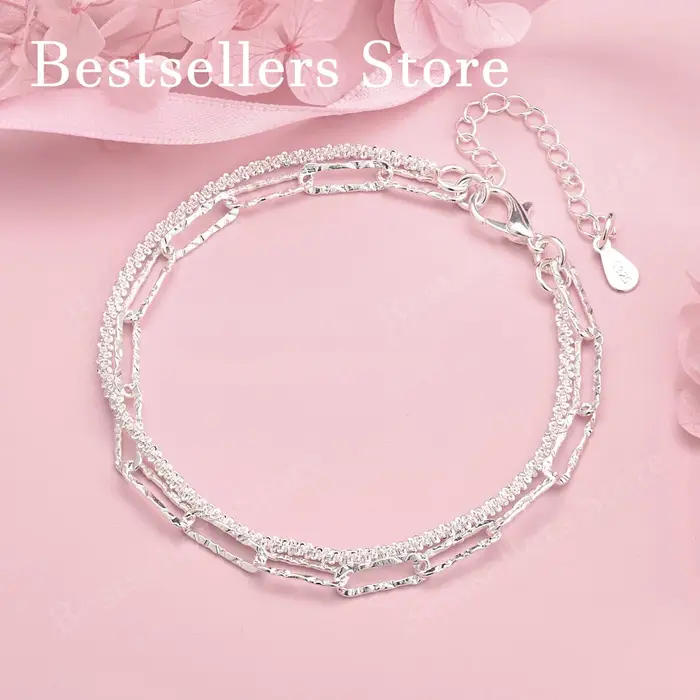 Bracelet double couche brillant en argent sterling 925 de 8 pouces, bijoux de fête à la mode pour fe