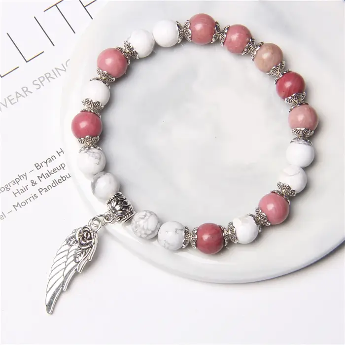 Bracelet pendentif aile d'ange Rose couleur argent fait à la main