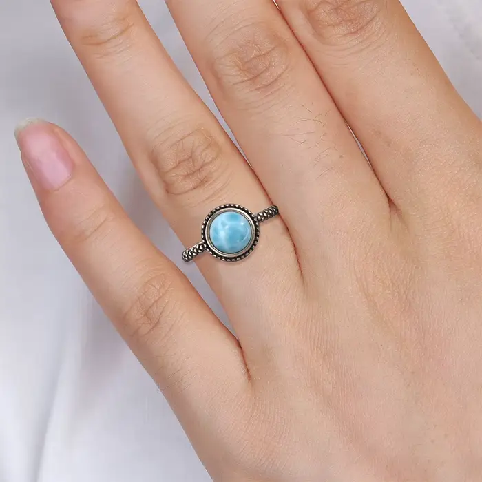 Bague en Argent Sterling S925 avec Pierre Larimar pour Femmes Occasions Spéciales Cadeau Anniversaire Vintage Design