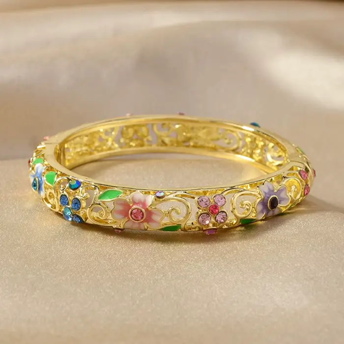 Bracelets ethniques de luxe en or, couleur or, creux, émail bleu Jingtai, glaçure goutte à goutte, trèfle à quatre feuilles porte-bonheur, zircon, bijoux pour femmes