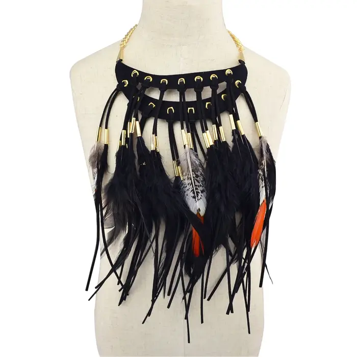 Collier Vintage Bohème à Plumes Longues et Pendentif en Cuir pour Femme Occasions Spéciales Soirées Festivals