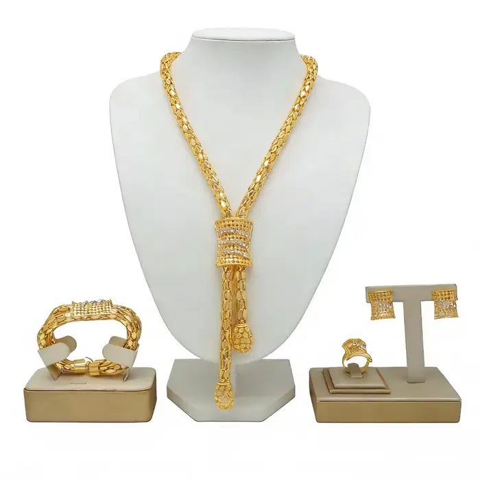Ensemble de bijoux plaqués or de dubaï, Long collier, boucles d'oreilles, Bracelet, bague, pendentif