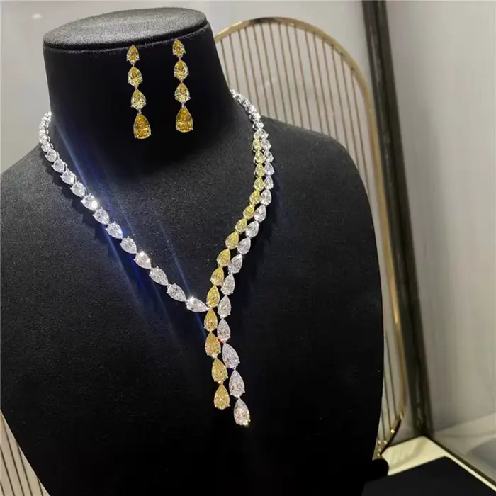 Foyimagination-Ensembles de bijoux en diamant jaune et blanc pour femmes, tour de cou long en forme 