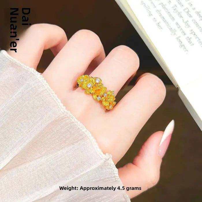 Nouvelle bague florale pour femme en or brillant givré avec diamants incrustés
