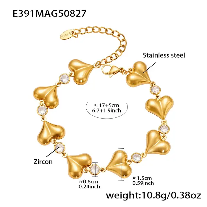 Bracelet de tennis pour femmes, chaîne en acier inoxydable, plaqué or 18 carats, cœur romantique, zi