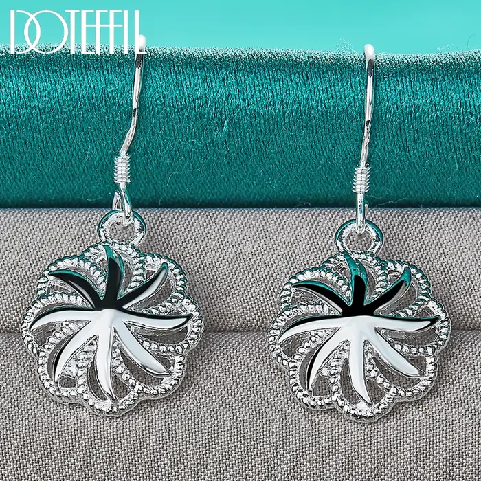 DOTEFFIL 925 Rond En Argent Sterling Fleur Goutte Boucle D'oreille Pour Femme Dame Fête De Fiançailles De Mariage Bijoux De Mode