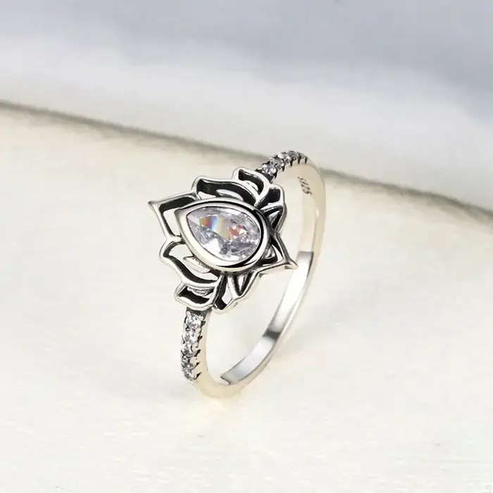 YILUOCD 925 Thai argent anneaux réglables pour les femmes fleur de Lotus coloré Zircon anneau Boho f