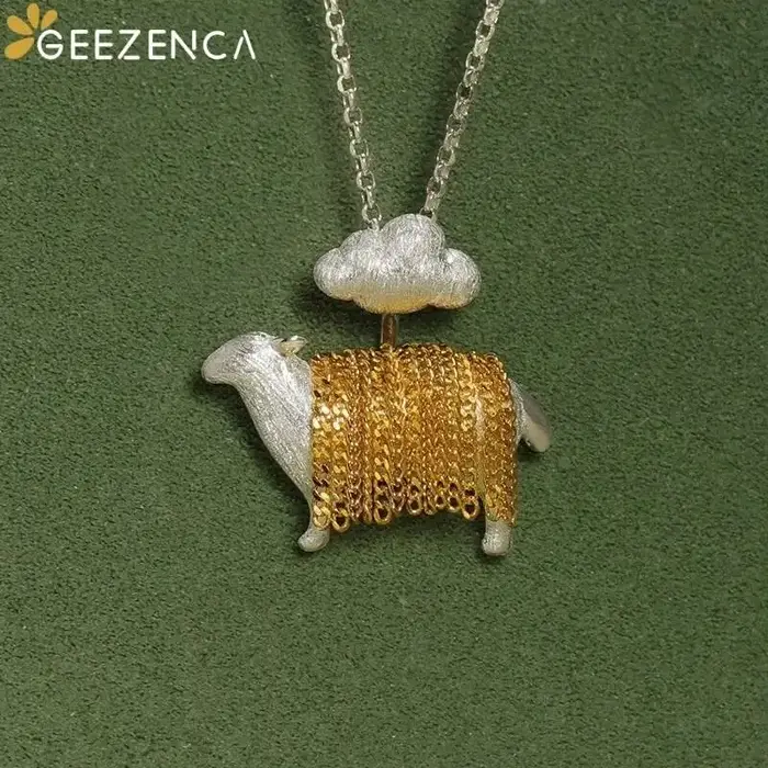 GEEZENCA 925 argent Sterling deux tons 3D mouton collier pendentif femmes mignon Animal Unique délicat cadeau pendentifs sans chaîne