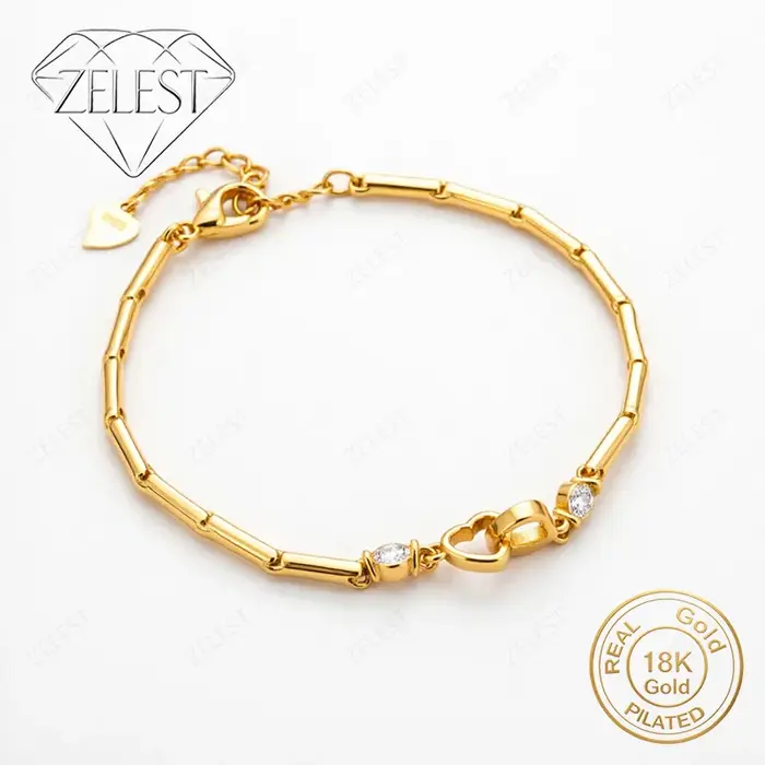 Bracelet de luxe en argent sterling 925 plaqué or 18 carats, 8 pouces, magnifique cœur en zircon, bi