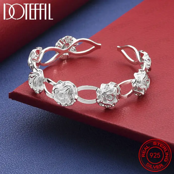 Bracelet ouvert en argent sterling 925 avec fleur de rose – Bijoux glamour pour femmes lors des fête