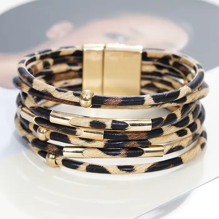 Bracelet en cuir léopard géométrique plaqué argent ou noir tracker d'humeur pour femmes style bohème occassions spéciales