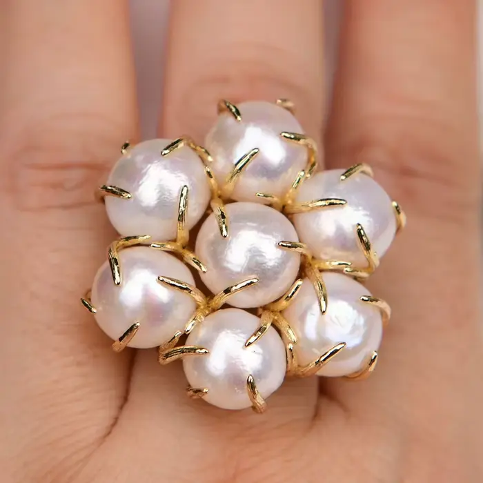 APDGG-Bague Ajustable Plaquée Or pour Femme, Perle Keshi Blanche de Culture Naturelle, Bagues Fleur 